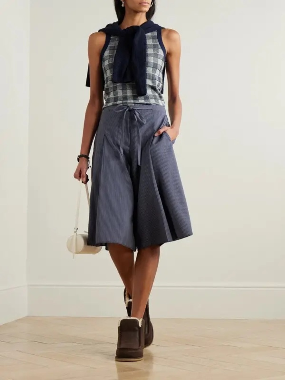 Guest In Residence Blue & Gray Gingham Silk & Linen Blend Tank Top